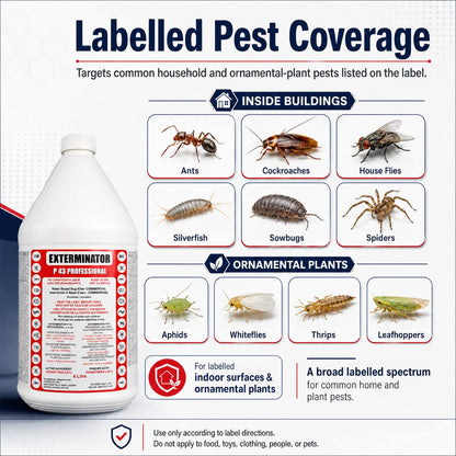Exterminator P 43 Professional | Insect Killer Spray | Water-Based, Odor-Free Formula | 4L | Kills Ants, Cockroaches, Ticks, House Flies, Spiders | Indoor & Outdoor Use | Permethrin 0.25% - Available at All In One Marketplace Canada