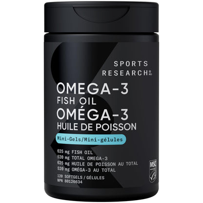 Sports Research® Fish Oil Mini-Softgels - Easy to Swallow Omega-3 Fatty Acids from Wild Caught Alaska Pollock Supporting Brain & Heart Health - 625mg, 120 Capsules