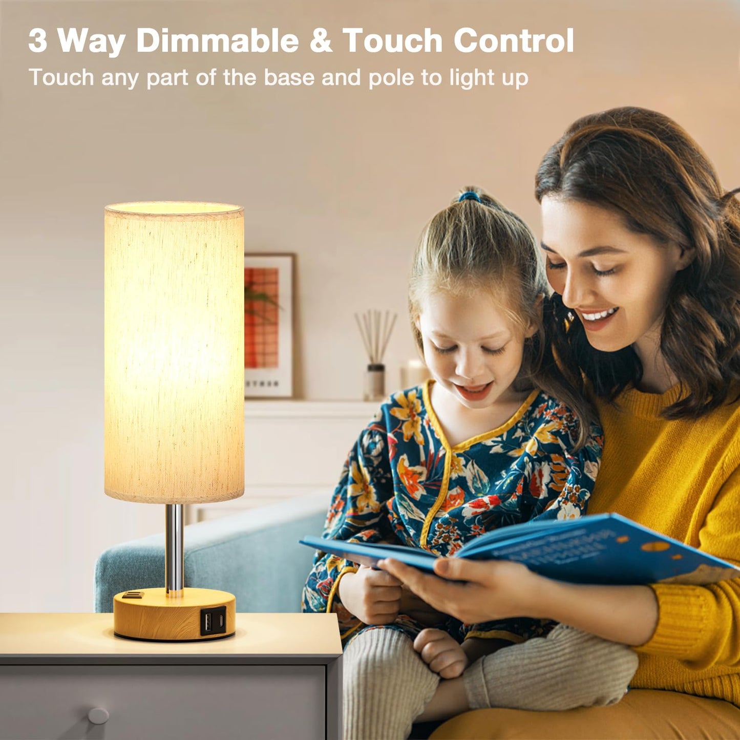Table Lamp for Bedroom Set of 2 - Touch 3 Way Dimmable Bedside Lamps with USB C and A Ports, Night Lamp for Nightstand with AC Outlet, Desk Lamps for Living Room, Reading Room, Kids Room, Office - Available at All In One Marketplace Canada
