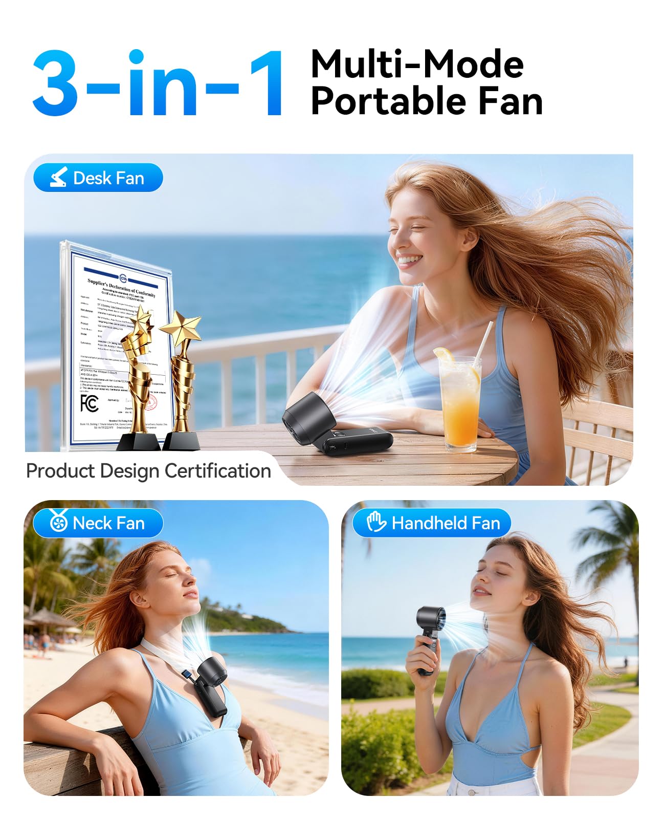 KIMMOO 3-in-1 Portable Handheld Turbo Fan -100 Speeds, 10800 RPM, 12Hrs Cooling, 120° Rotation, USB Rechargeable Mini Hand Held Personal Fan for Travel Makeup Outdoor Indoor (Black) - Available at All In One Marketplace Canada