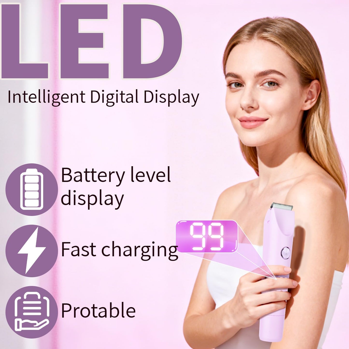 Beanify 2-in-1 Electric Shaver & Bikini Trimmer With LED Display for Women & Men，IPX7 Waterproof Wet/Dry Electric Razor With Dual Head , Rechargeable Painless Body & Facial Hair Remover, Travel-Size (Purple) - Available at All In One Marketplace Canada