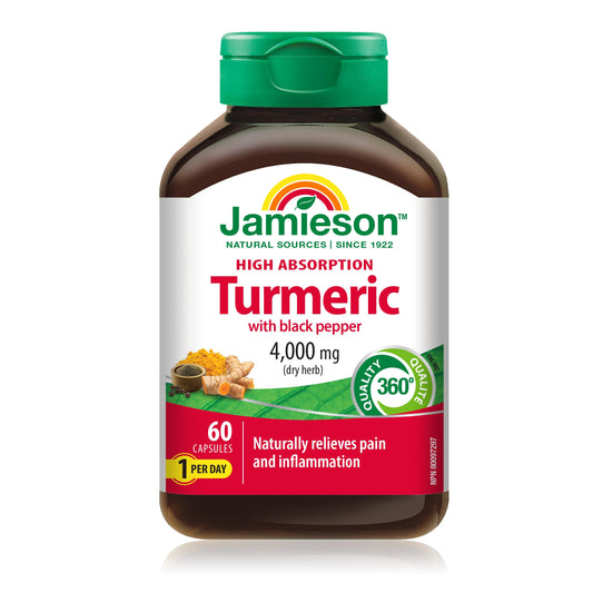 Jamieson Turmeric 4,000 mg, with Black Pepper, 60 Vegetarian Capsules, Natural Joint Pain Relief, Supports Inflammation, Helps with Digestion. High Absorption, Non-GMO, Proudly Canadian - Available at All In One Marketplace Canada