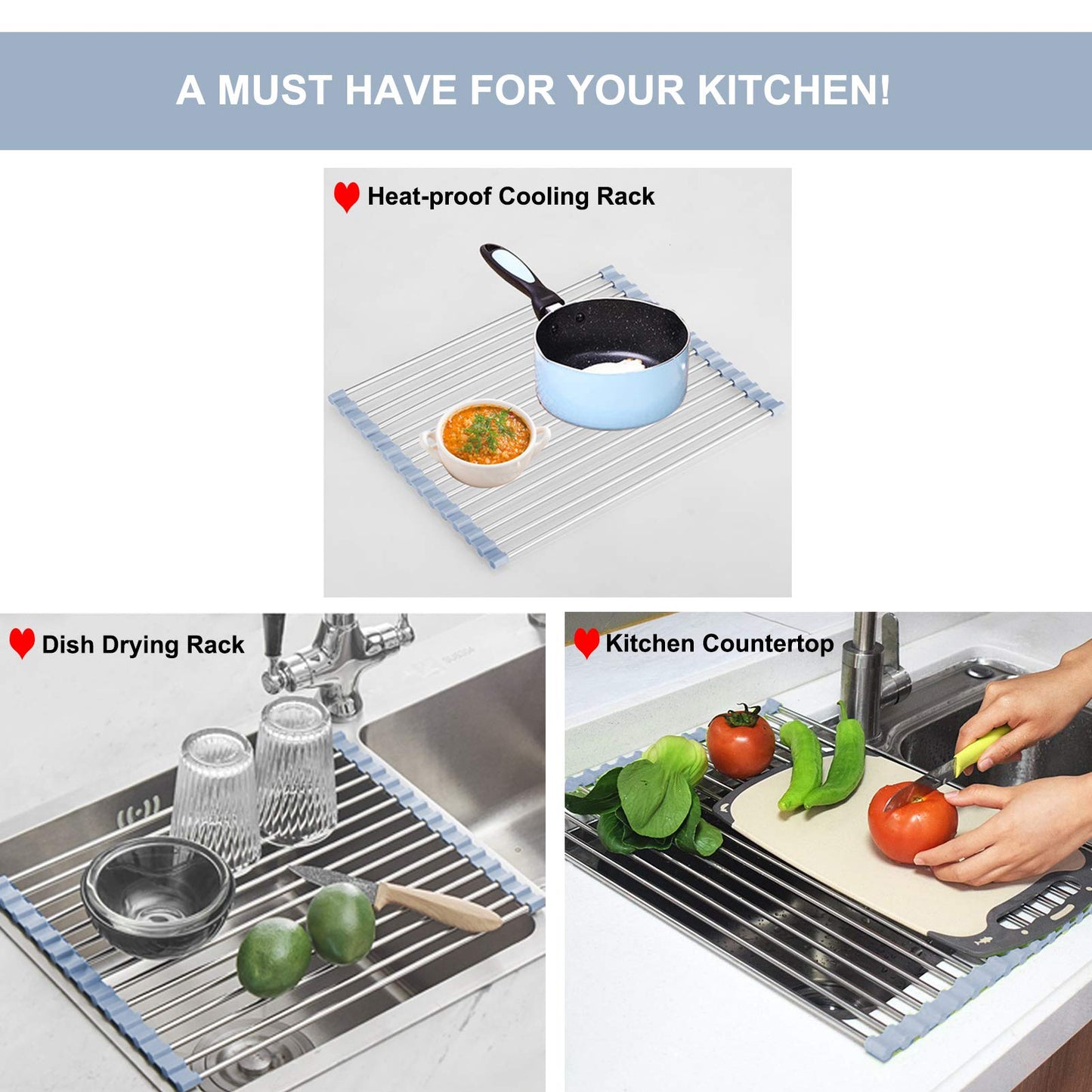 Over Sink Dish Drying Rack, Roll Up Dish Drying Rack Kitchen Sink Rack Dish Rack Stainless Steel Sink Drying Rack, Foldable Dish Drainer (17.5''x11.8'') - Available at All In One Marketplace Canada