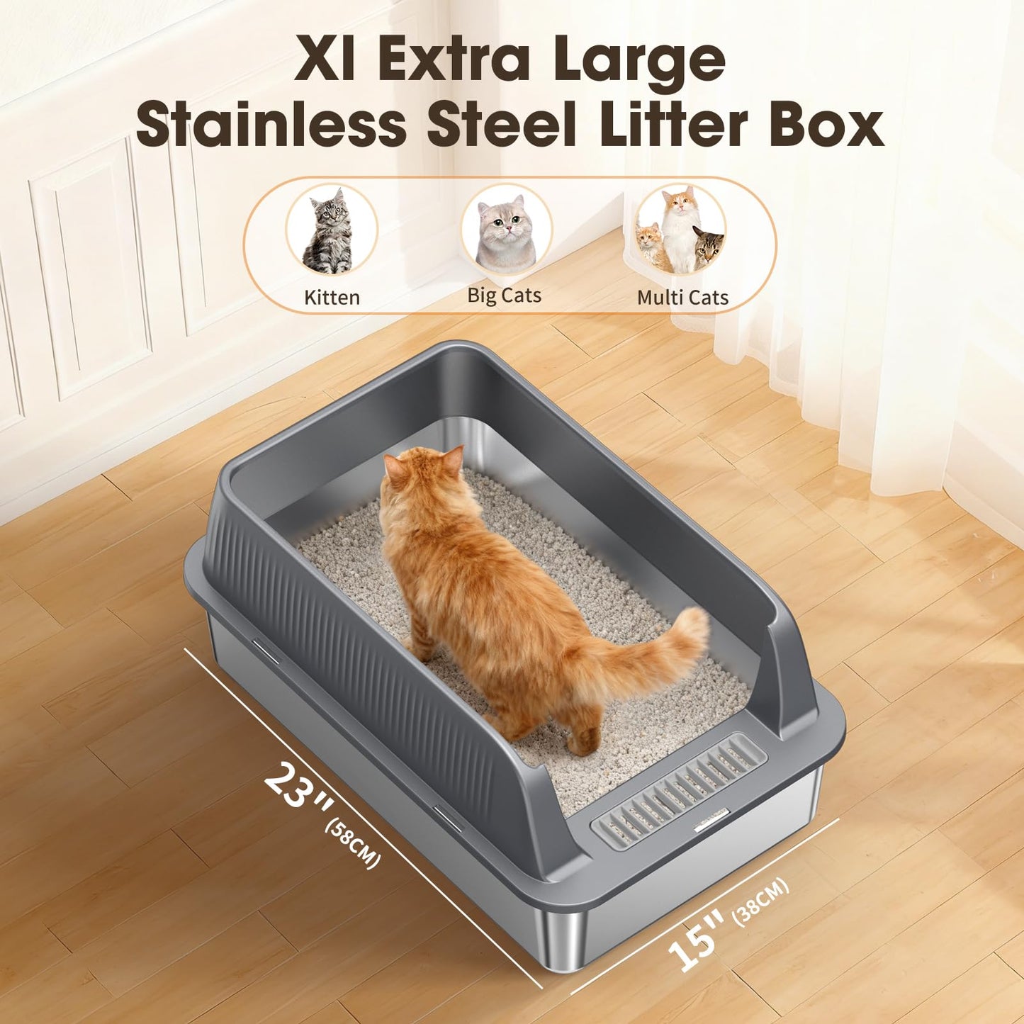 XL Stainless Steel Cat Litter Box with High Sides Lid, Large Litter Box for Big&Multiple Cats, Metal Kitty Litter Boxes with Anti-Leakage Enclosure,Non-Stick,Scoop Included - Available at All In One Marketplace Canada