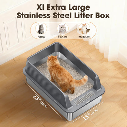XL Stainless Steel Cat Litter Box with High Sides Lid, Large Litter Box for Big&Multiple Cats, Metal Kitty Litter Boxes with Anti-Leakage Enclosure,Non-Stick,Scoop Included - Available at All In One Marketplace Canada