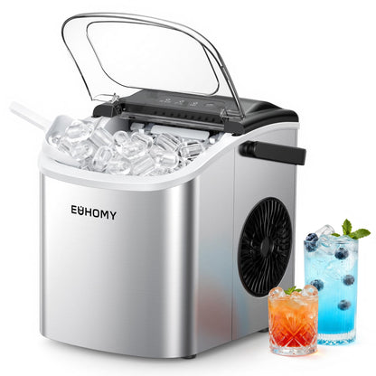 EUHOMY Countertop Ice Maker Machine with Handle, 26lbs Per Day, 9 Ice Cubes Ready in 6 Mins, Auto-Cleaning Portable Ice Maker with Basket and Scoop, for Home/Kitchen/Camping/RV (Silver)