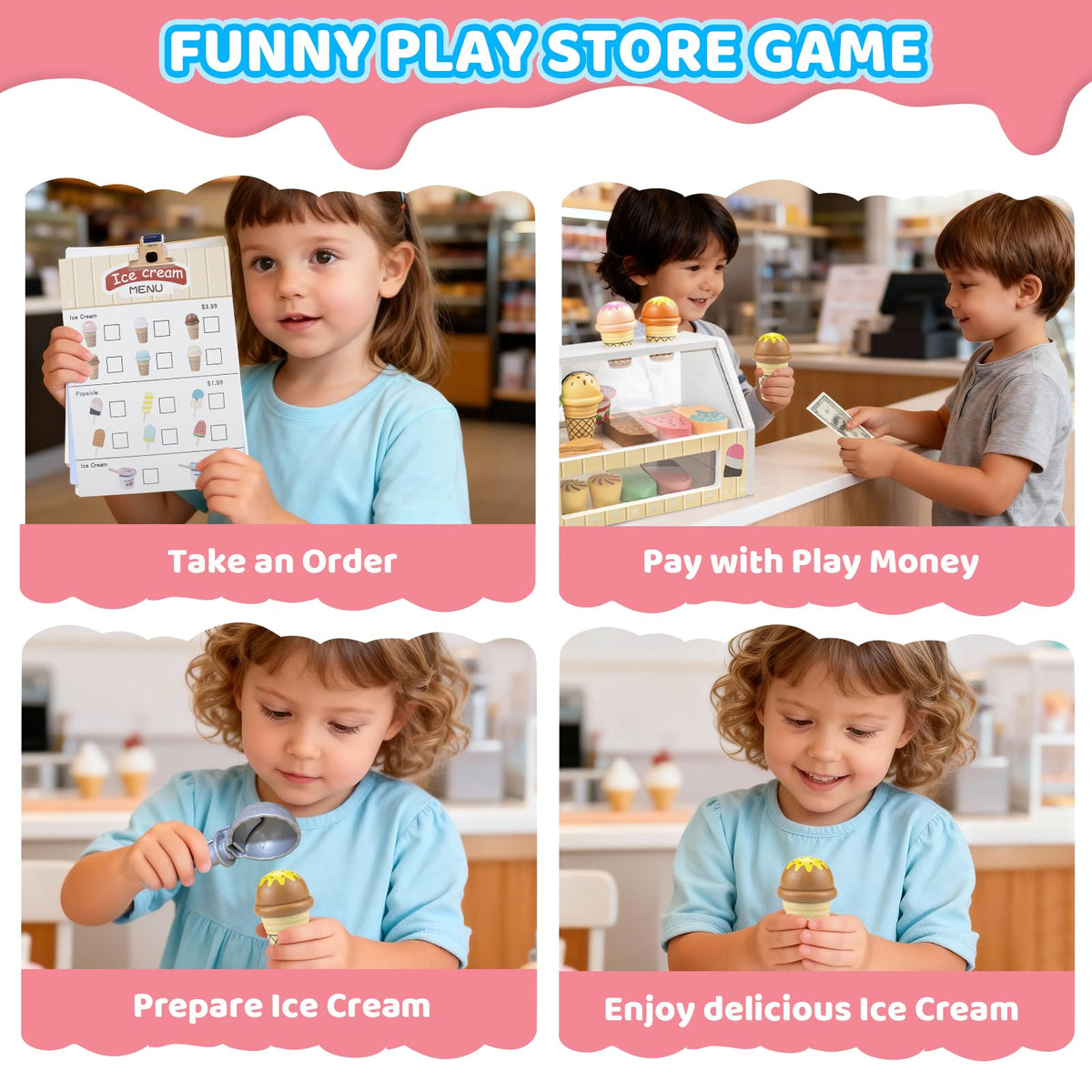 Wooden Ice Cream Toys Kids Pretend Play Store Toys for Toddlers Girls 3-5, Play Kitchen Accessories with Counter & Menu, Wooden Food Christmas Birthday Gifts for 3 4 5 Year Old Girls Boys 🍁 All In One Marketplace Canada