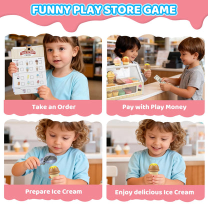 Wooden Ice Cream Toys Kids Pretend Play Store Toys for Toddlers Girls 3-5, Play Kitchen Accessories with Counter & Menu, Wooden Food Christmas Birthday Gifts for 3 4 5 Year Old Girls Boys 🍁 All In One Marketplace Canada
