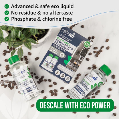 Delonghi Compatible Descaling Solution. 2 Bottles of Descaler Solution. Descaling Kit Removes Limescale For Hotter Coffee. 4 Uses Descaler For Delonghi Coffee Machines. - Available at All In One Marketplace Canada