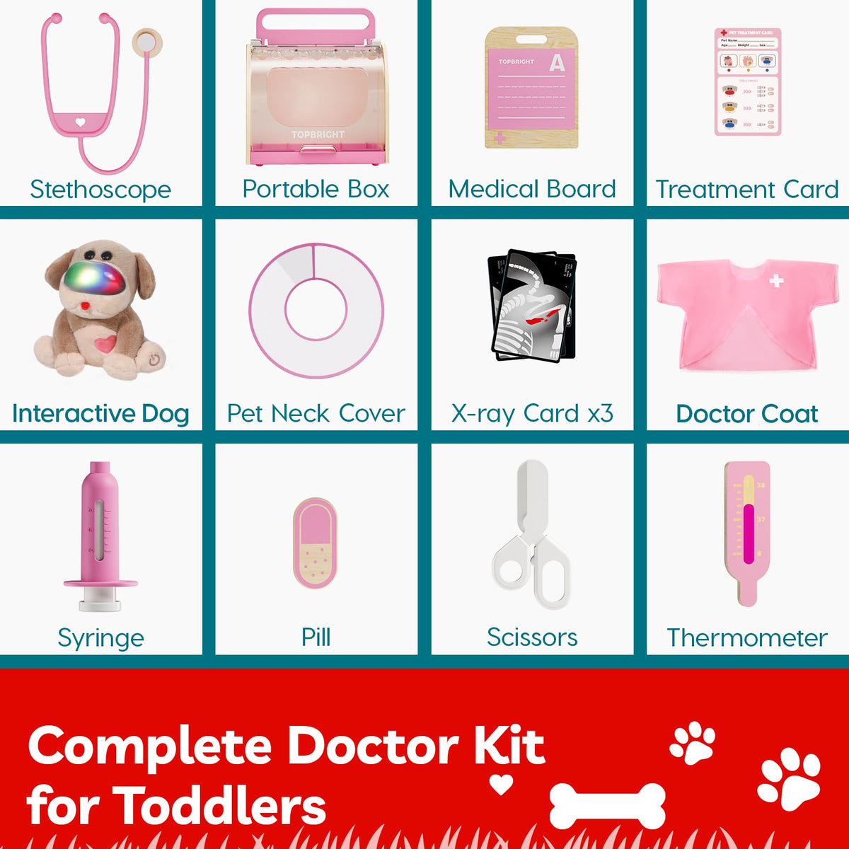 Top Bright Doctor Kit Kids – Pretend Play Toddler Toys with Pink Doctor Costume & Plush Dog, Wooden Kids Doctors Play Set with Stethoscope, Christmas Birthday Gifts for 3+ Year Old Girls 🍁 All In One Marketplace Canada