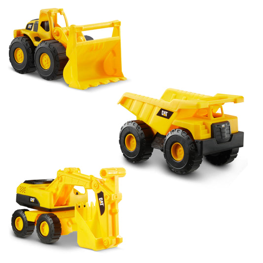 CAT Construction Toys, Mini Crew 3-Pack 7”, Push-Powered Yellow Construction Vehicle Toys, Includes Dump Truck, Wheel Loader, and Excavator for Kids and Toddlers Ages 2+ - Available at All In One Marketplace Canada