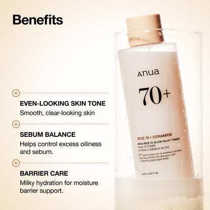 ANUA Rice 70 Glow Milky Toner 8.45 fl oz (250ml) - Hydrating and Brightening Face Toner with Rice Water, Niacinamide, Ceramides, Panthenol, Fragrance-Free, Non-Comedogenic, Suitable for All Skin Types, Korean Skincare ANUA