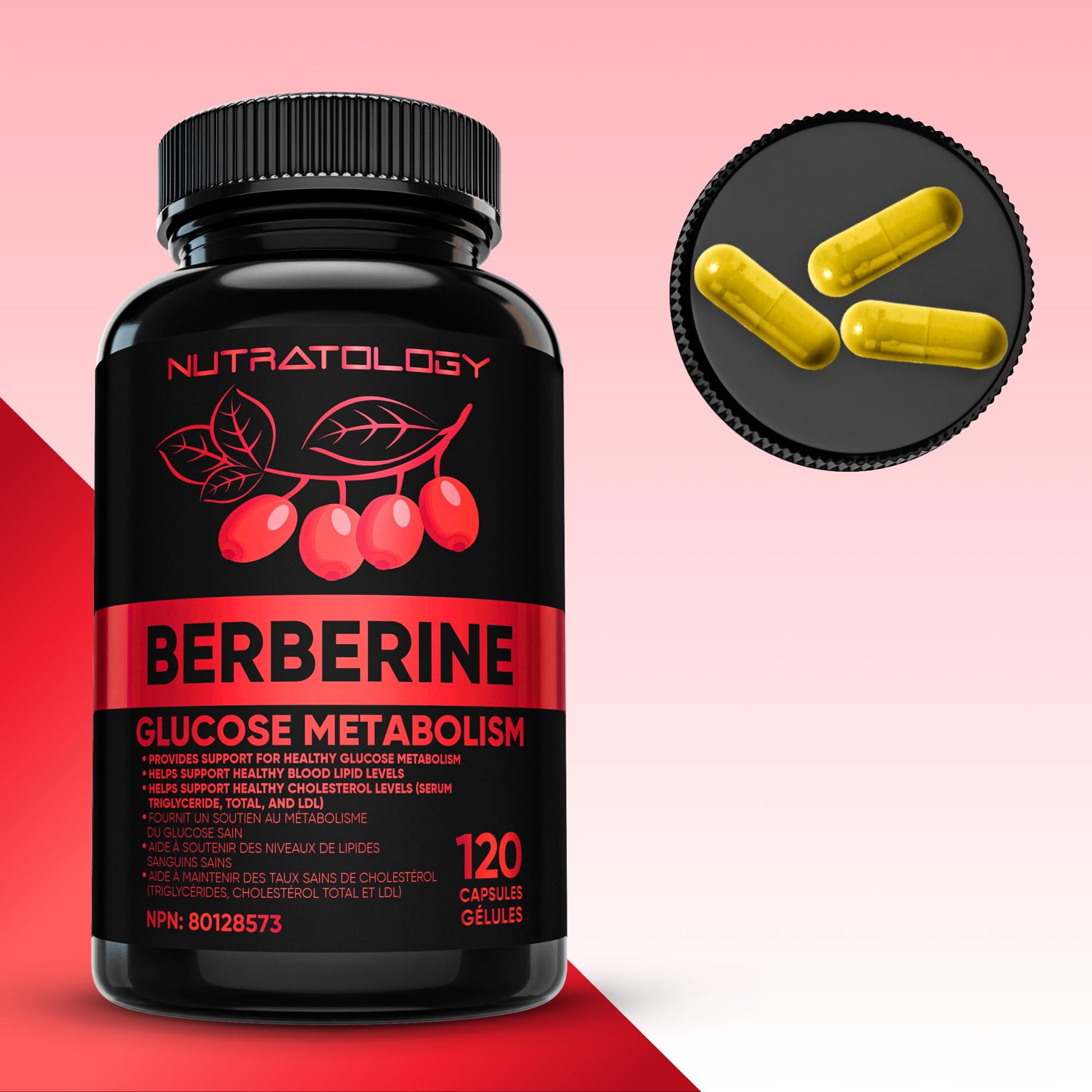 Nutratology® Berberine Supplement | Canadian-Made | Max Potency 500MG Per Capsule - Supports Glucose Metabolism & Healthy Blood Sugar Levels Through Efficient Metabolism Of Sugar & Fats - 120 Capsules - Available at All In One Marketplace Canada