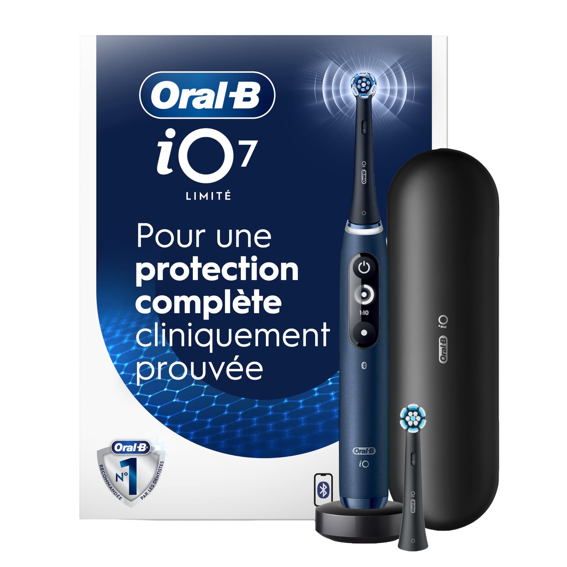 Oral-B iO Electric Toothbrush, Deep Clean + Protect, Rechargeable, Sapphire Blue with Visible Pressure Sensor, 5 Cleaning Settings, 2 Min Timer, a iO Series 7 Toothbrush, 2 Replacement Brush Heads, and Charging Travel Case - Available at All In One Marketplace Canada