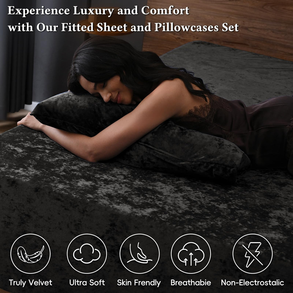 David's Home Velvet Fitted Sheets Set Queen Size Black, Extra Deep Pocket up to 18",Ultra Soft Fuzzy Luxury Plush Fleece Bottom Sheet with Side Pocket & Elastic Corner Straps, Fall Winter 🍁 All In One Marketplace Canada