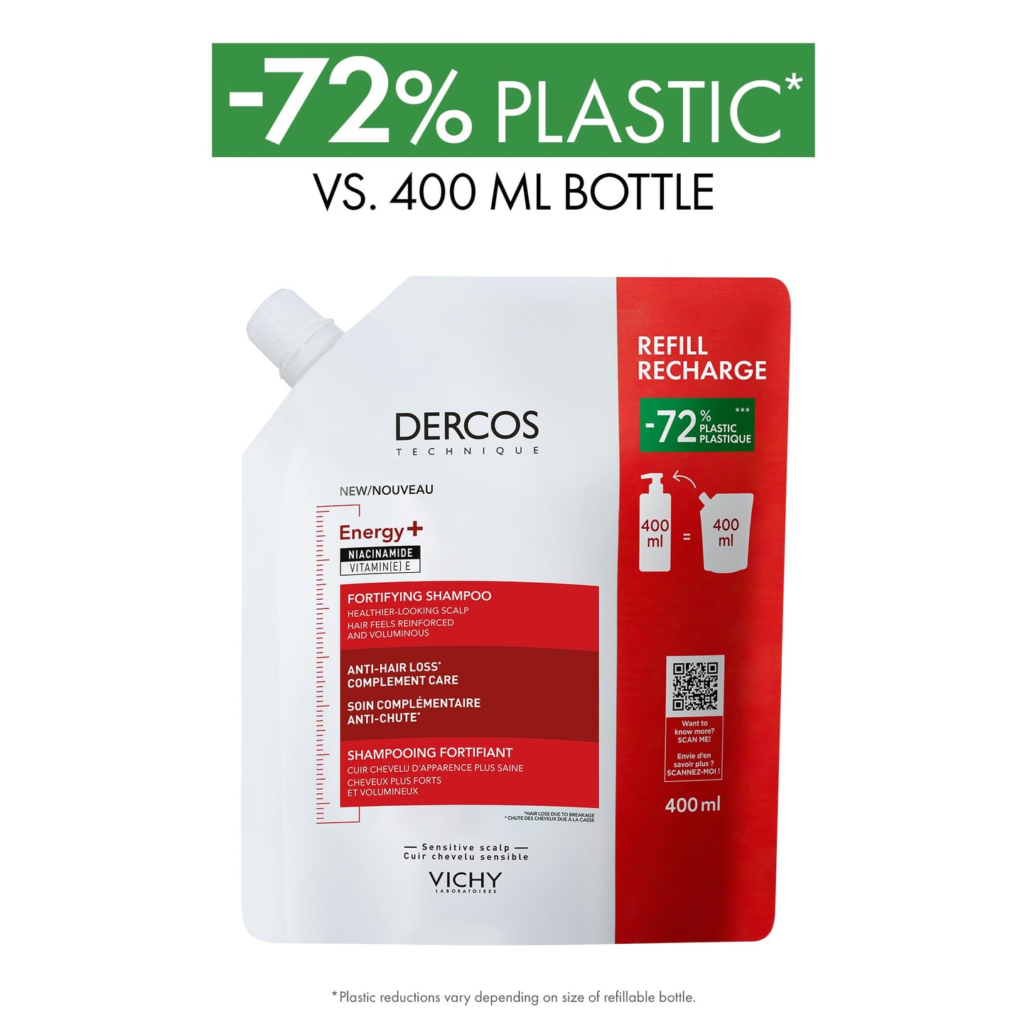 Vichy Fortifying Shampoo Refill, Dercos Energy+ Hair Shampoo with Niacinamide & Vitamin E to Protect, Thicken, & Strengthen Hair. Reduce Frizz & Hair Breakage. Recommended by Dermatologists, 400mL - Available at All In One Marketplace Canada