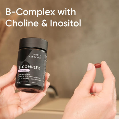 Sports Research® Vitamin B-Complex - Full Spectrum of B Vitamins with Methylated B12 & Folate - Gluten Free · Plant-Based · Non-GMO · Vegan-Friendly Formula - 120 Veggie Softgels - Available at All In One Marketplace Canada