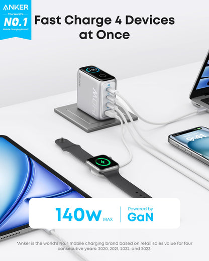Anker Laptop Charger, 140W MAX USB C Charger, 4-Port Multi-Device Fast Charging, Advanced GaN Power Adapter, Intuitive Touch Controls, for MacBook, iPhone 17/16 Series, Samsung Galaxy, Pixel, and More
