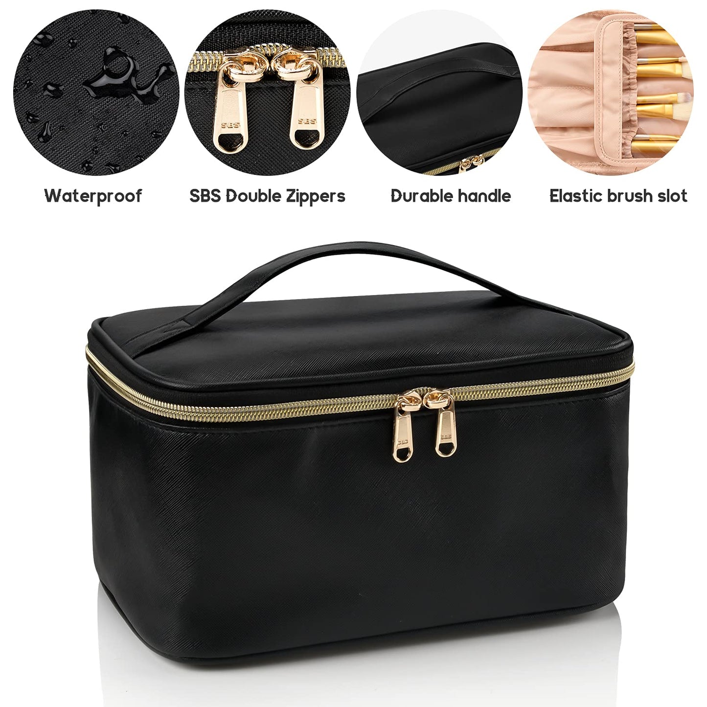 Makeup Bag, Portable Cosmetic Bag, Large Capacity Travel Makeup Case Organizer for Women and Girls, Train Case Makeup Bag for Toiletries for Traveling with Handle and Divider, Black - Available at All In One Marketplace Canada