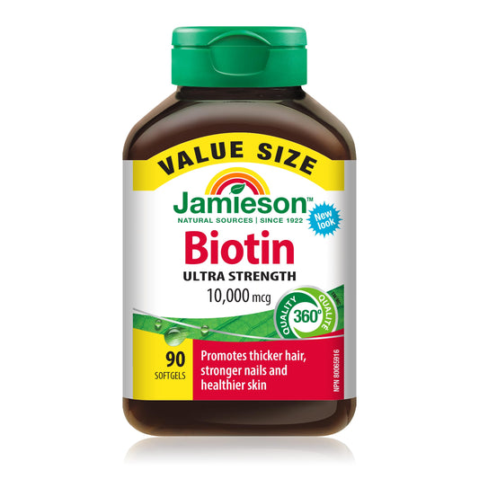 Jamieson Ultra Potency Biotin 10,000 mcg, 90 Softgels. Easy to Swallow, Supports Thicker Hair, Healthier Skin and Stronger Nails. No Artificial Flavours, Colours, or Preservatives, Proudly Canadian - Available at All In One Marketplace Canada
