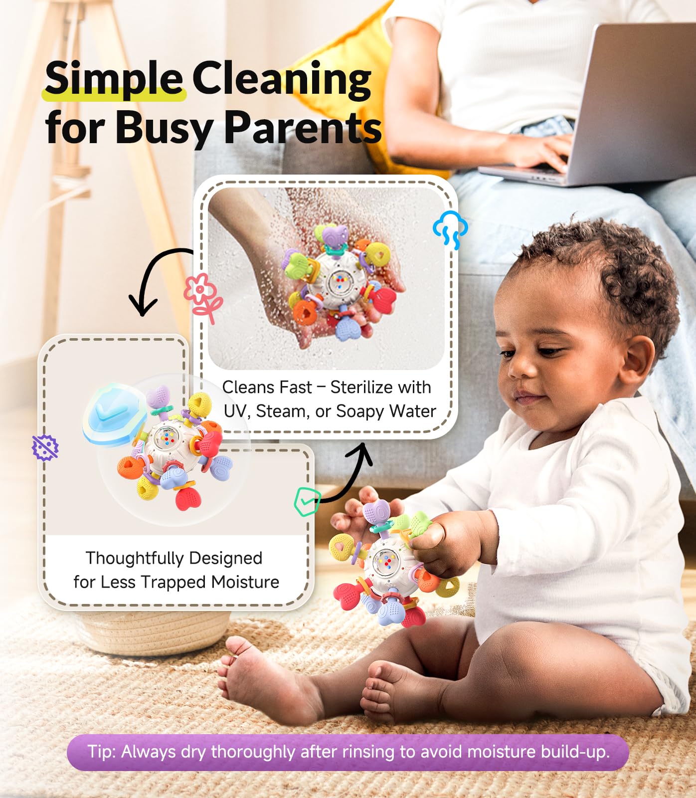 Infinno Baby Teething Toy with Rattle Spinner, BPA-Free Silicone for Baby