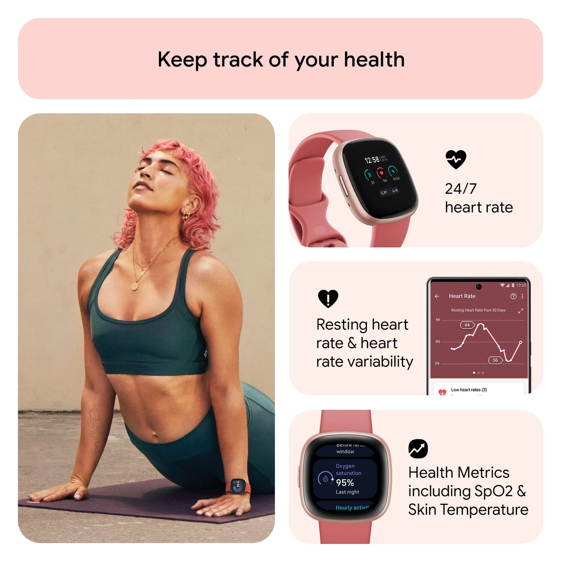 Google Fitbit Versa 4 Fitness Smartwatch with Daily Readiness, Gps, 24/7 Heart Rate, 40+ Exercise Modes, Sleep Tracking and More, Pink Sand/copper Rose, One Size (S and L Bands Included)