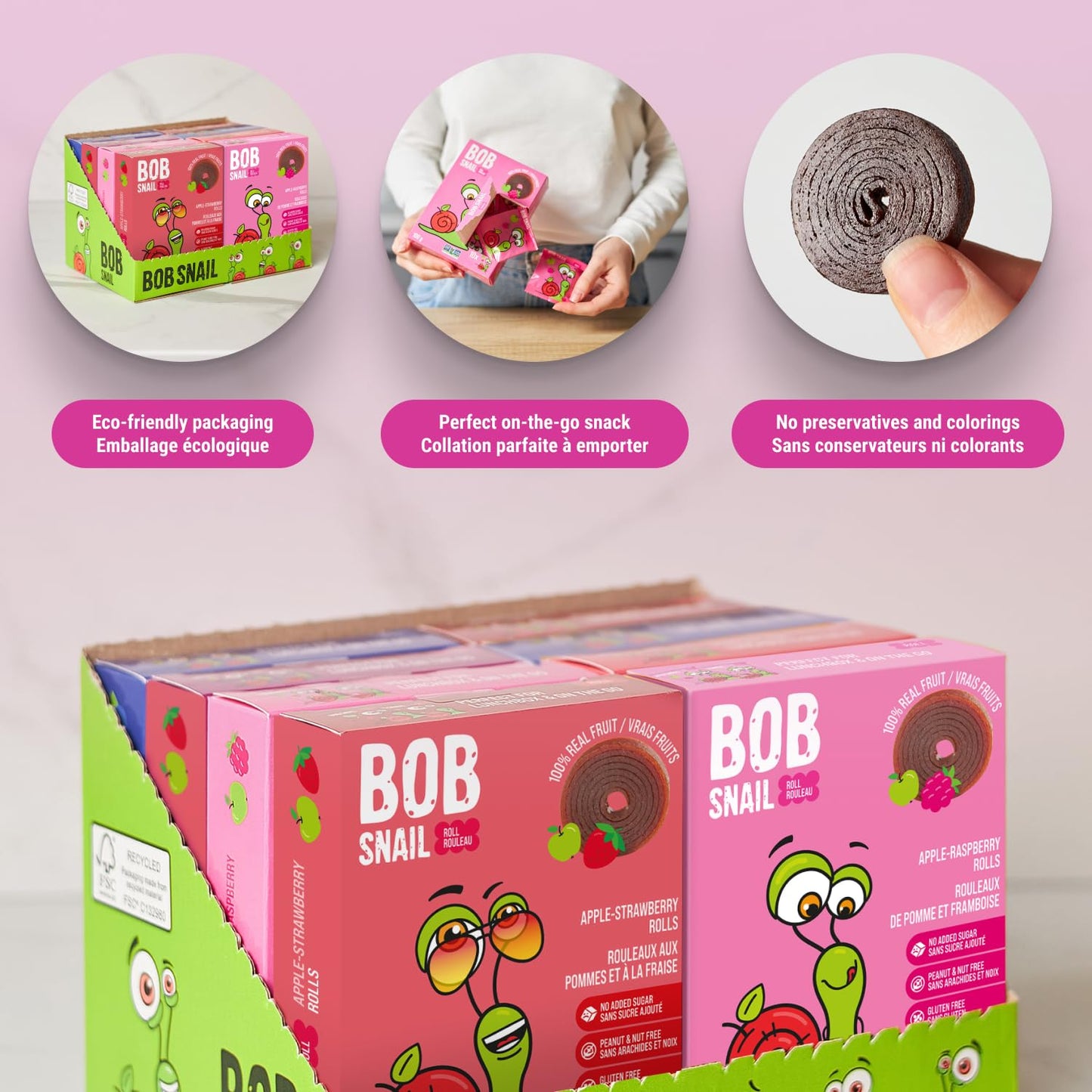 Bob Snail Fruit Roll Ups – Real Fruit Snacks, No Added Sugar, Vegan & Nut Free, 80 Pack Bulk Box (800g)
