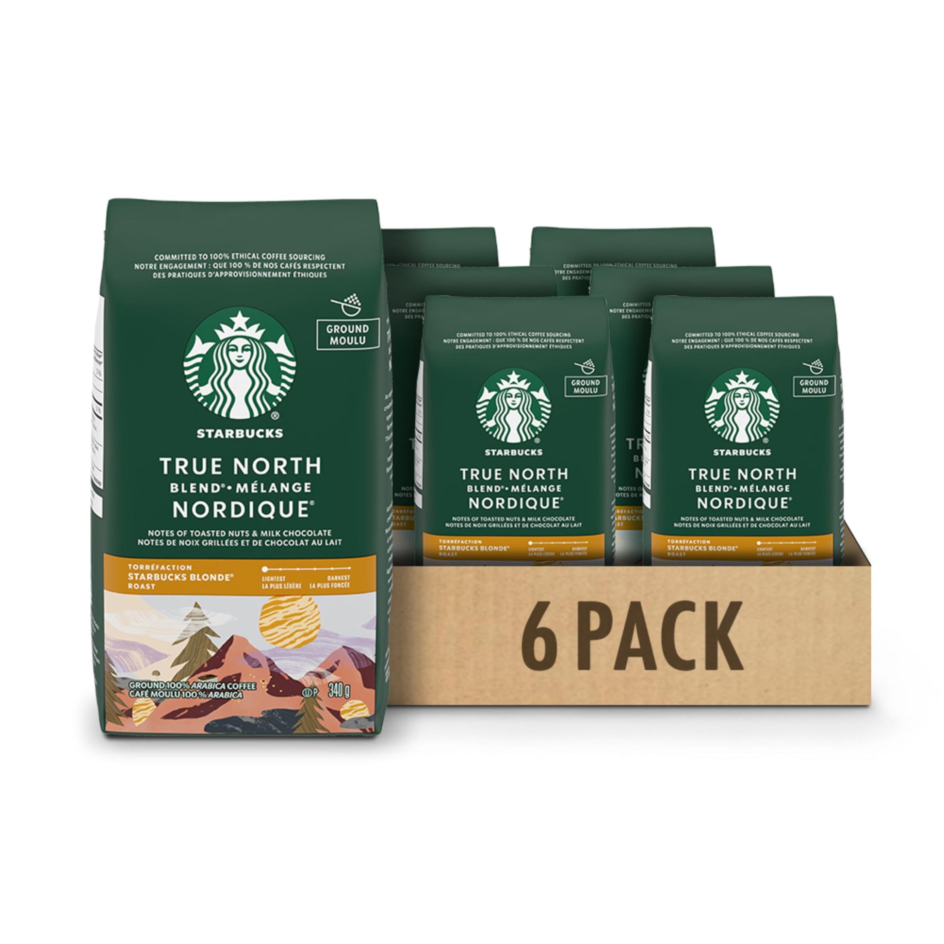 Starbucks True North Light Roast Ground Coffee - 100% Arabica Beans, 340g x 6 Pack (2040g Total)