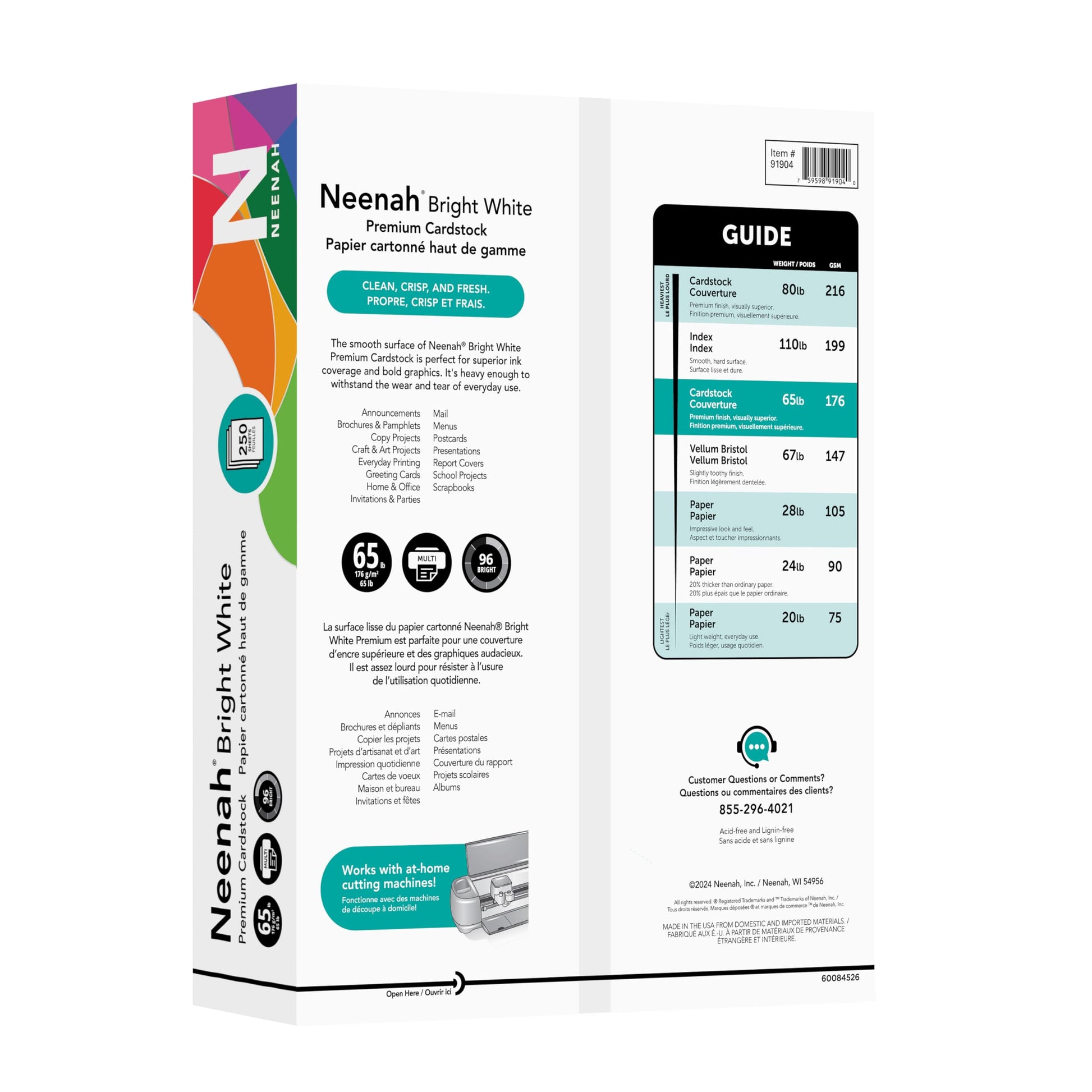 Neenah Premium Cardstock, 96 Brightness, 65 lb, Letter, Bright White, 250 Sheets per Pack (91904) Neenah