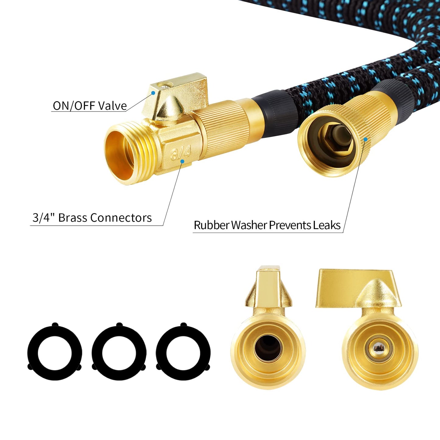 Expandable Garden Hose, Water Hose 100ft with 10 Function Nozzle, Flexible Hose with 3/4" Solid Brass Fittings, Extra Strength Fabric, Easy Storage Kink Free, Black & Blue