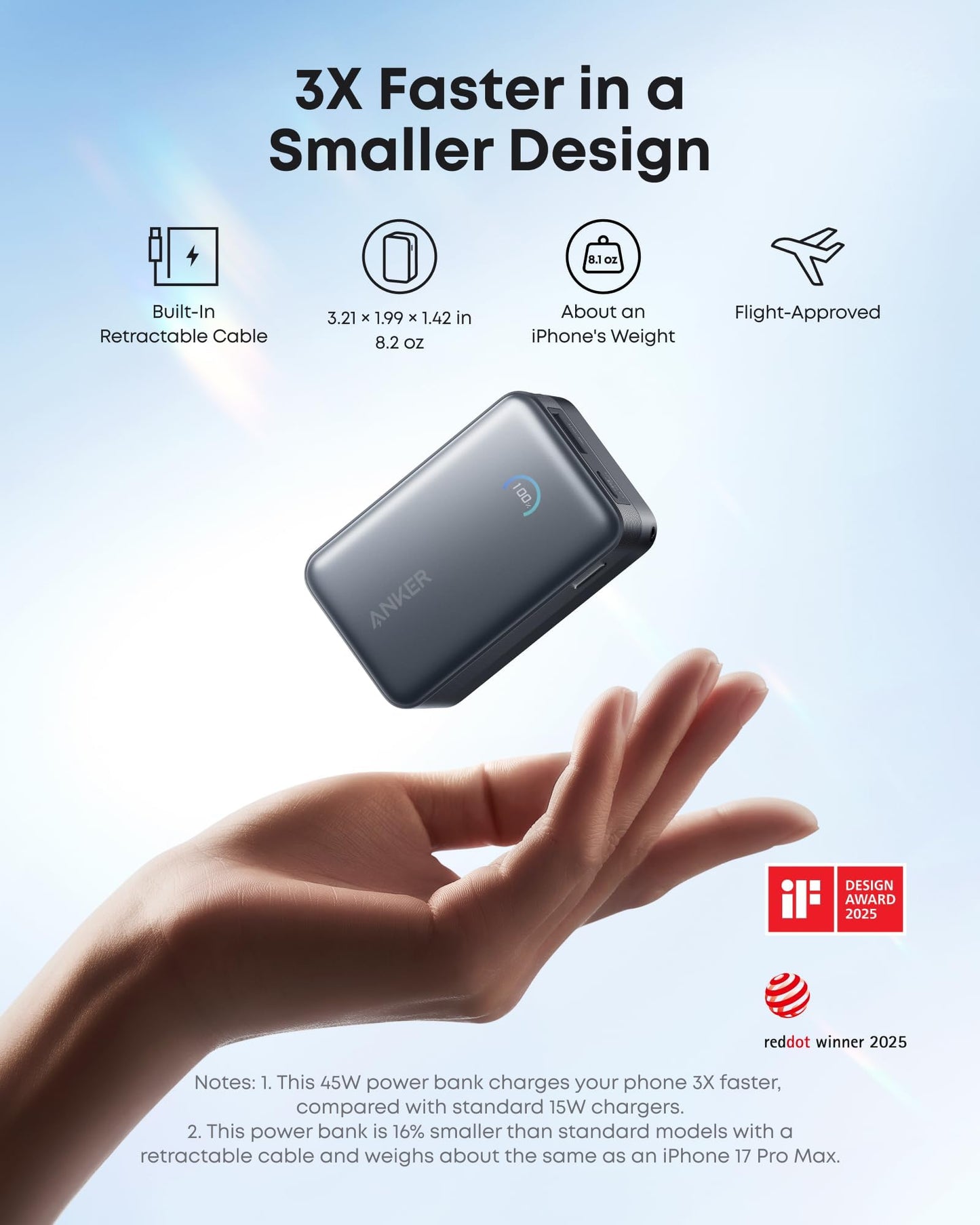 Anker Nano Power Bank, 10,000mAh Portable Charger with 2.3 ft Anker InstaCord Retractable Cable, 45W Max Compact Battery Pack, Smart Display, for iPhone 17/16 Series,iPad,Galaxy,Pixel and More (Black)