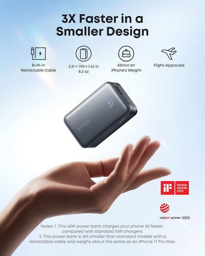 Anker Nano Power Bank, 10,000mAh Portable Charger with 2.3 ft Anker InstaCord Retractable Cable, 45W Max Compact Battery Pack, Smart Display, for iPhone 17/16 Series,iPad,Galaxy,Pixel and More (Black)
