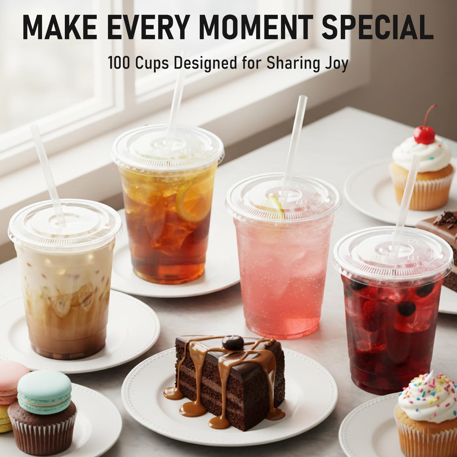 100 Pcs Clear Plastic Cups with Flat Lids and Straws, 12 oz Disposable PET Iced Coffee Cups - Ideal for Ice Coffee, Smoothie, Juice, Lemonade, Cold Beverages - Available at All In One Marketplace Canada