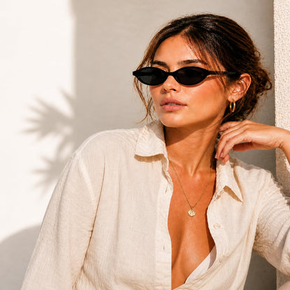 Retro Oval Cat Eye Sunglasses for Women 90s Trendy Small Lightweight Y2k Narrow Sunnies Cateye UV400 Sun Glasses 8057 Black+Brown+Tortoise
