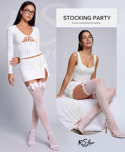 RSLOVE Women Thigh Highs Stocking with Satin Bow Accent Christmas Over the Knee Socks for Women Girls Daily Wear White 🍁 All In One Marketplace Canada