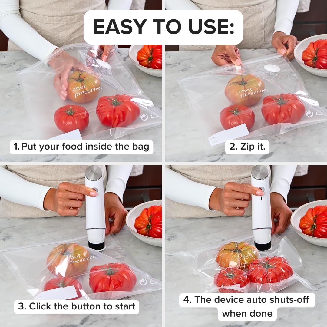 Chef Preserve Compact Vacuum Sealer for Food (Vacuum Sealer Machine + 30 Reusable Vacuum Bags) Powerful Handheld Vacuum Sealer Machine, Seal Meal Saver, Portable Food Sealer - Available at All In One Marketplace Canada