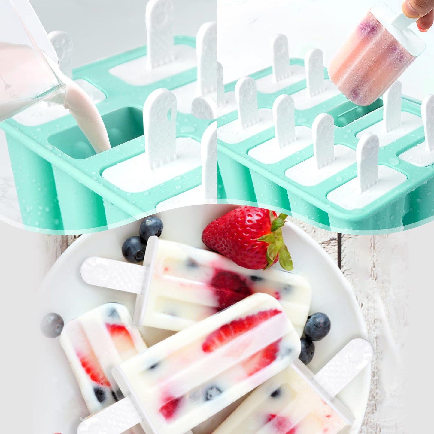 Popsicle Molds 10 Cells, Silicone Ice Cream Mould with Sticks, Non-Stick Ice Lolly Mold with Silicone Funnel and Brush, BPA Free - Available at All In One Marketplace Canada