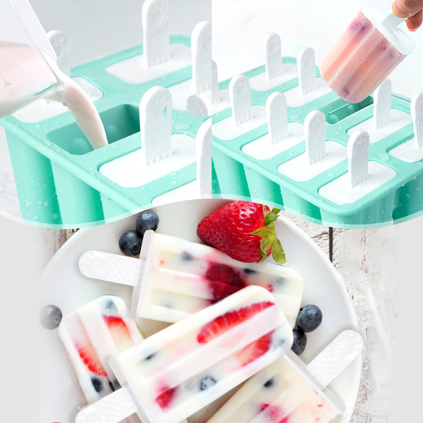 Popsicle Molds 10 Cells, Silicone Ice Cream Mould with Sticks, Non-Stick Ice Lolly Mold with Silicone Funnel and Brush, BPA Free - Available at All In One Marketplace Canada