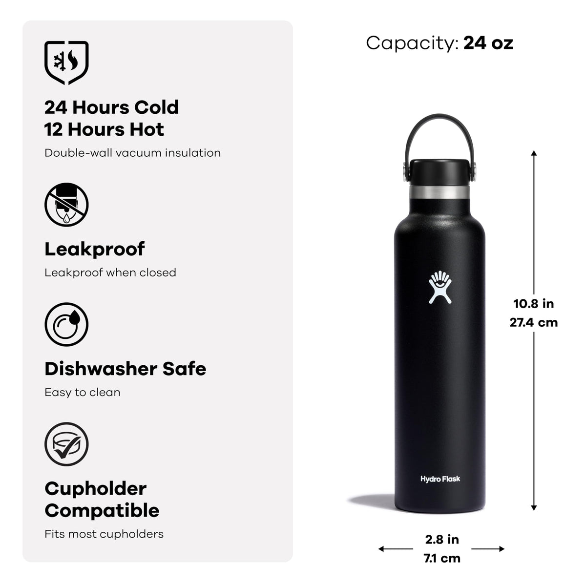 Hydro Flask Stainless Steel Standard Mouth Water Bottle with Flex Cap and Double-Wall Vacuum Insulation,Trillium, 24 Ounces