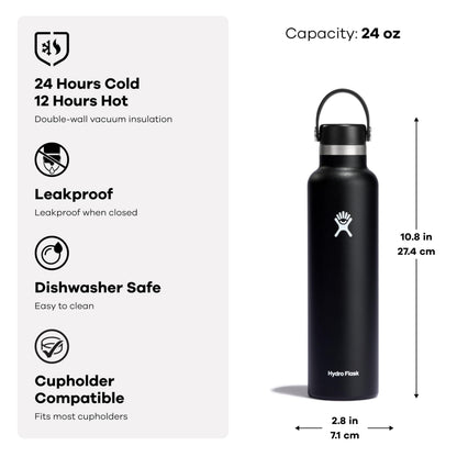 Hydro Flask Stainless Steel Standard Mouth Water Bottle with Flex Cap and Double-Wall Vacuum Insulation,Trillium, 24 Ounces