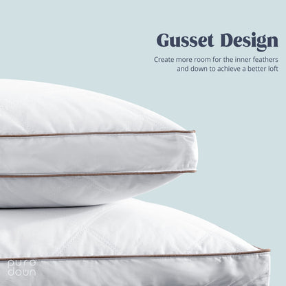 Puredown® Goose Feather Down Pillows for Sleeping, Gusseted Bed Hotel Pillows Standard Size Set of 2 with 100% Cotton Fabric