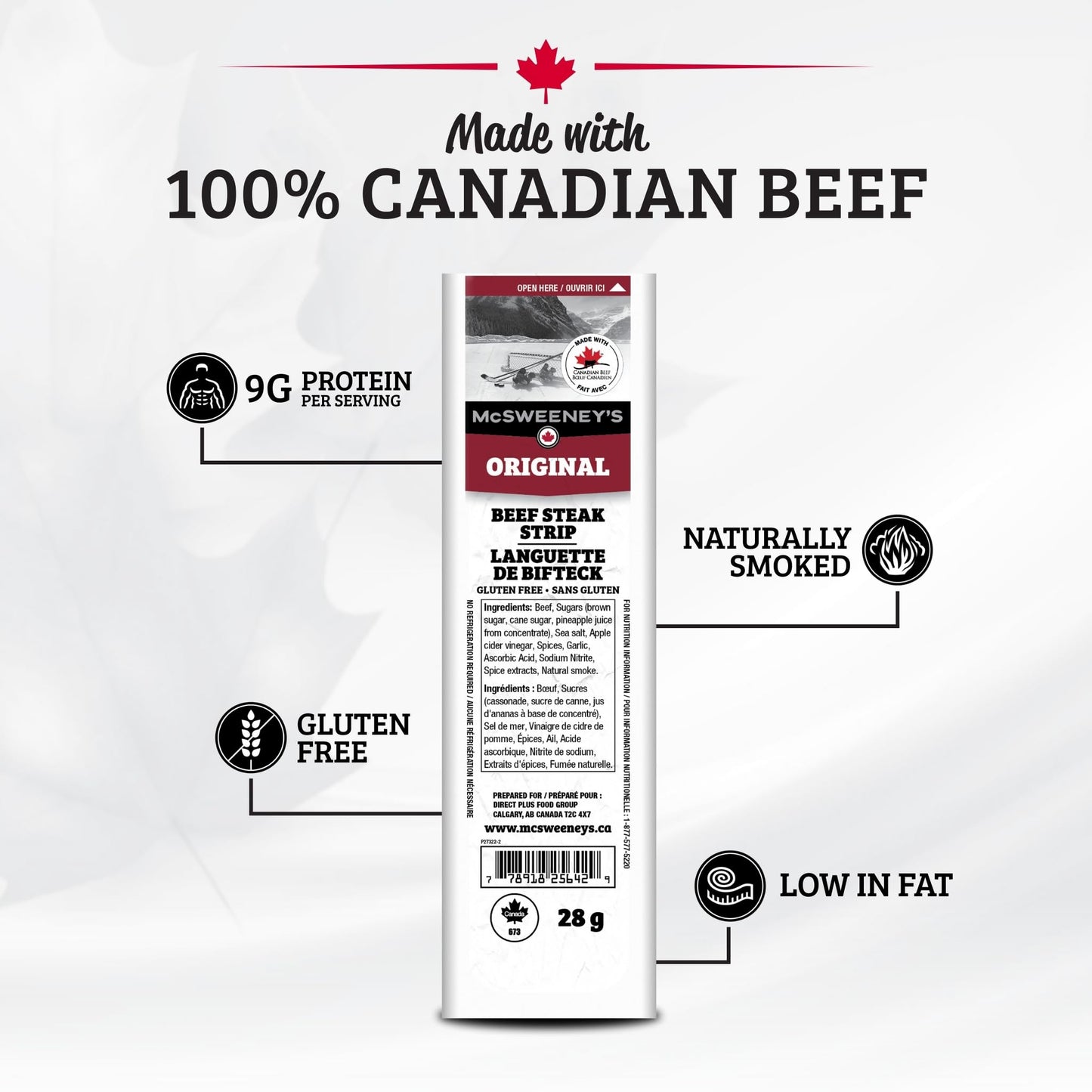 McSweeney's Original Beef Steak Strips - 12 Pack, 28g Each | Canadian-Made, Naturally Smoked, High Protein