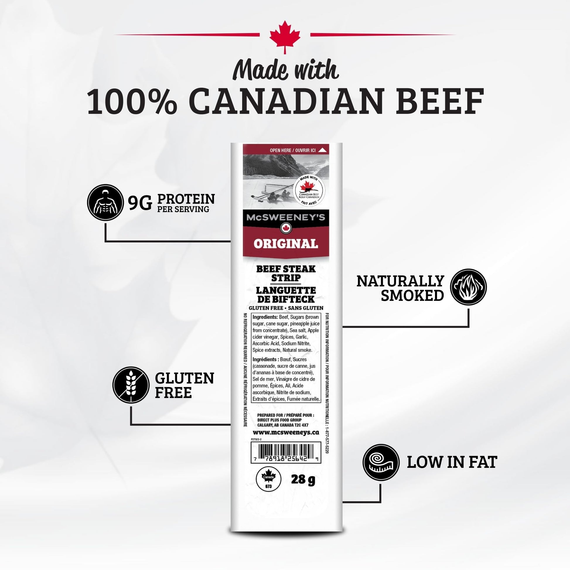 McSweeney's Original Beef Steak Strips - 12 Pack, 28g Each | Canadian-Made, Naturally Smoked, High Protein