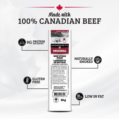 McSweeney's Original Beef Steak Strips - 12 Pack, 28g Each | Canadian-Made, Naturally Smoked, High Protein