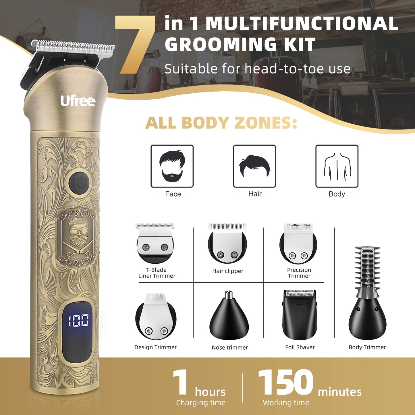 Ufree Beard Trimmer for Men, Electric Razor Shaver, Cordless Hair Clipper Shaving Kit for Mustache Body Nose Ear Hair Facial, Adjustable Beard Grooming Kit Birthday Gifts for Men - Available at All In One Marketplace Canada