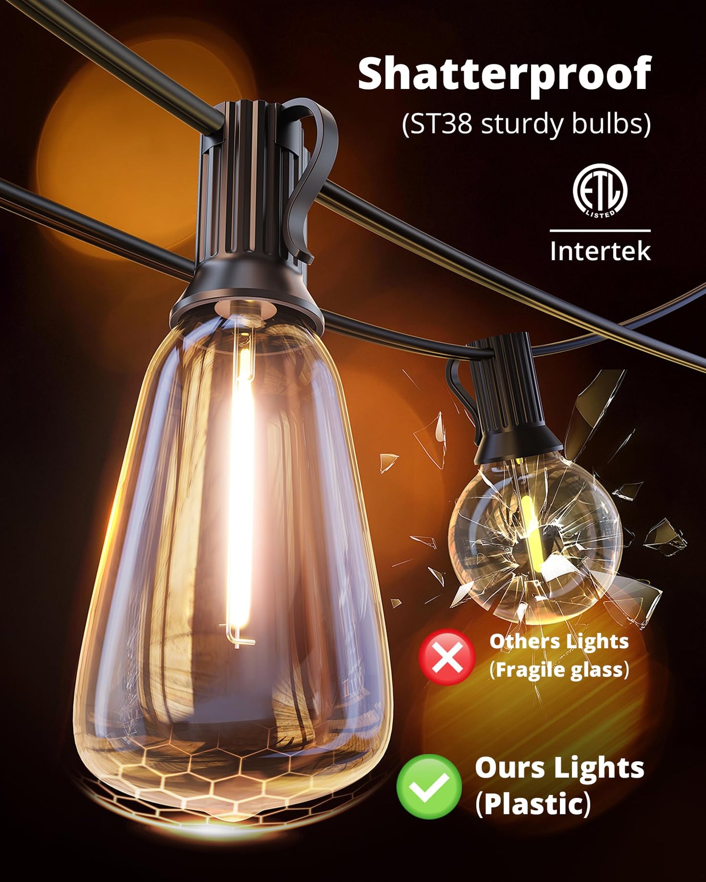 VIPAR Outdoor String Lights 60FT LED Patio Lights Waterproof with 28 Shatterproof ST38 Edison Bulbs Outside Hanging Light Dimmable Connectable for Porch, Deck, Garden, Backyard, Balcony, Decor, 2700K - Available at All In One Marketplace Canada
