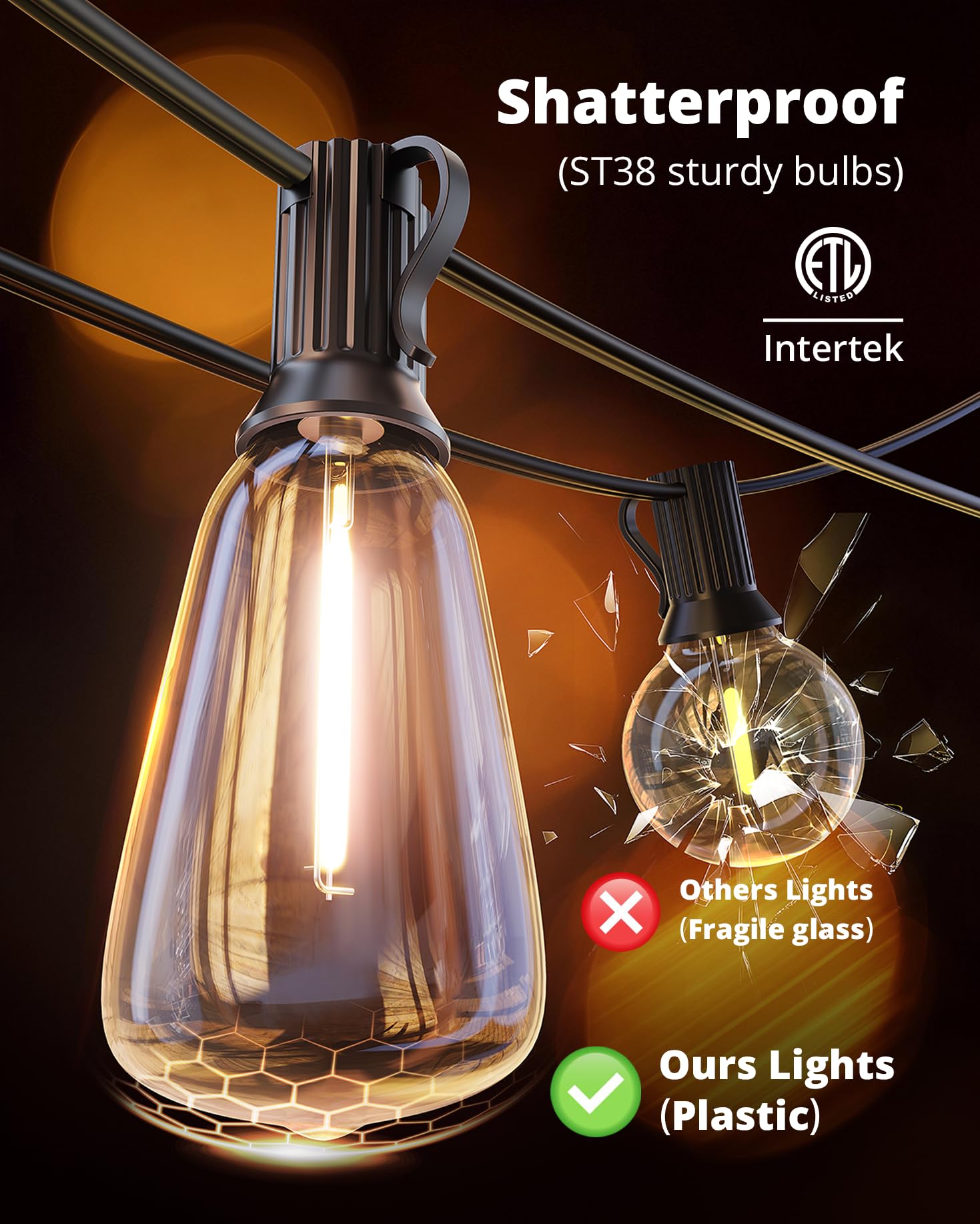 VIPAR Outdoor String Lights 60FT LED Patio Lights Waterproof with 28 Shatterproof ST38 Edison Bulbs Outside Hanging Light Dimmable Connectable for Porch, Deck, Garden, Backyard, Balcony, Decor, 2700K - Available at All In One Marketplace Canada