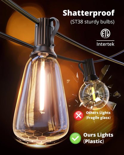 VIPAR Outdoor String Lights 60FT LED Patio Lights Waterproof with 28 Shatterproof ST38 Edison Bulbs Outside Hanging Light Dimmable Connectable for Porch, Deck, Garden, Backyard, Balcony, Decor, 2700K - Available at All In One Marketplace Canada
