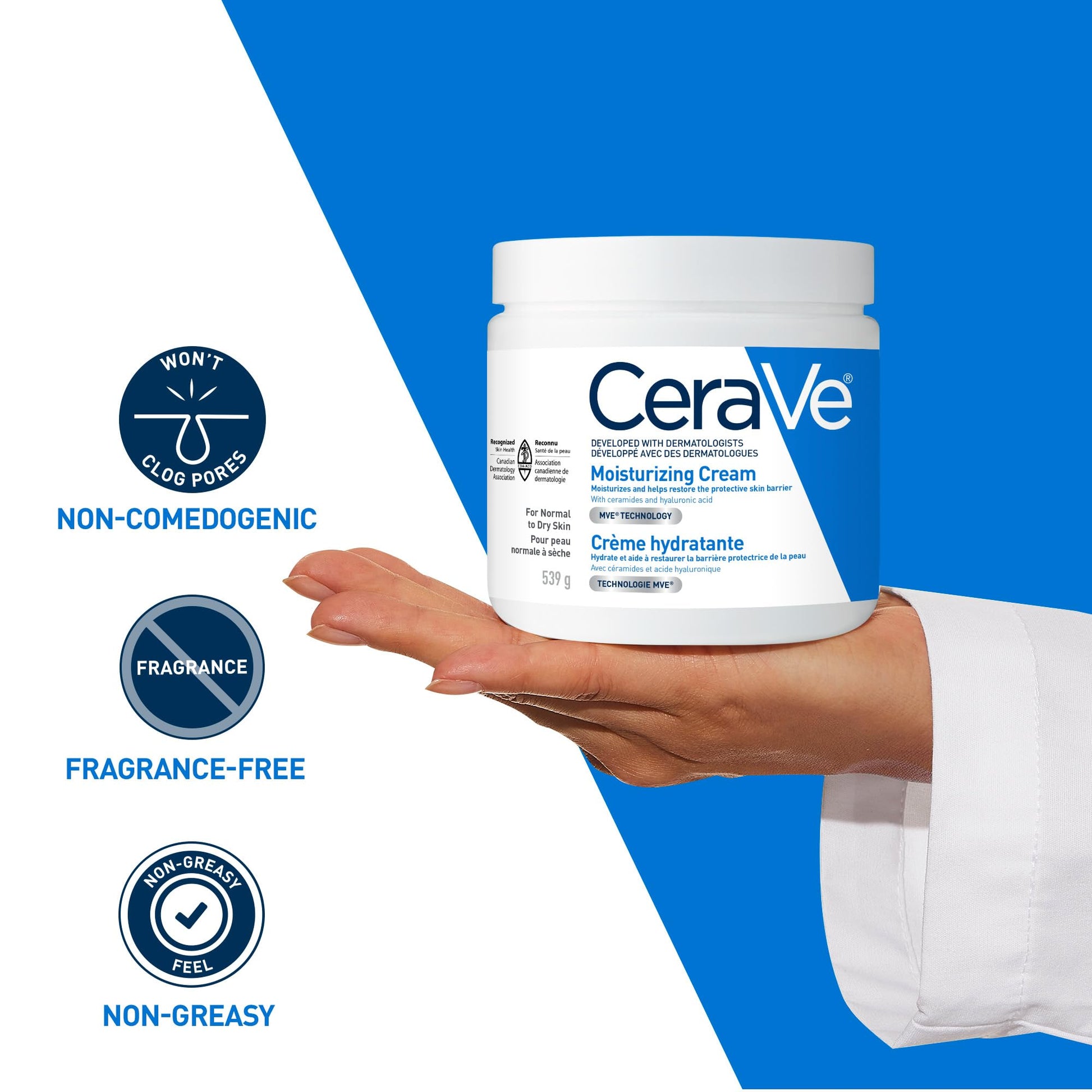 CeraVe Moisturizing Cream, Daily Face, Hands, & Body Cream Moisturizer for Dry Skin With Hyaluronic Acid and Ceramides for Women and Men. Sensitive skin, Oil-free, Non-comedogenic, Fragrance-Free, 539 Grams