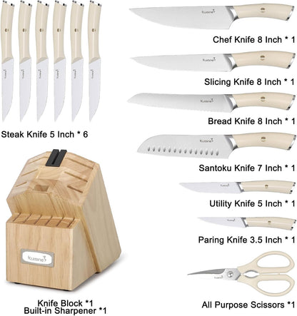 Kuisine Natural Wood 15Pcs Kitchen Knife Block Set with Built-in Sharpener 🍁 All In One Marketplace Canada